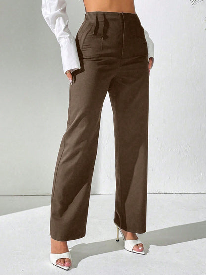 PETITE Women Solid High Waist Pleated Straight Loose Casual Pants Fall Cloth For Women,Petite Women