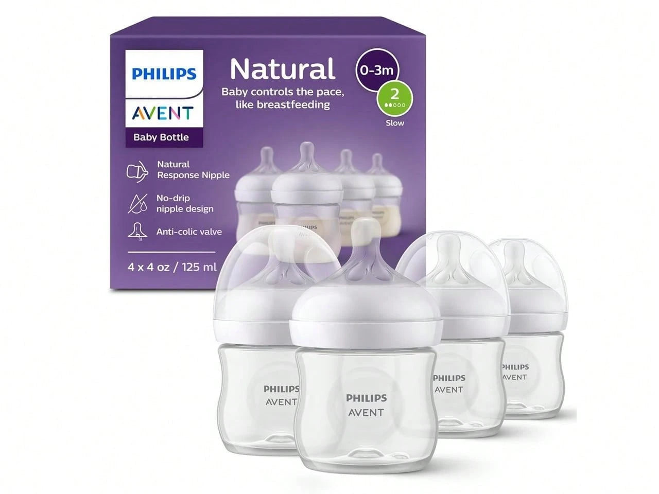 Philips Avent Natural Baby Bottles With Natural Response Nipples (Slow Flow, Flow 2), 4oz, 4-Pack, SCY900/04