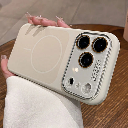 Phone Case- Luxurious Two-Tone Leather-Feel Liquid Silicone Magnetic Wireless Charging Phone Case, Compatible With 17Promax 17Pro 17 16 15 14 Pro Max Solid Color Glass Lens Protective Case Best Gifts