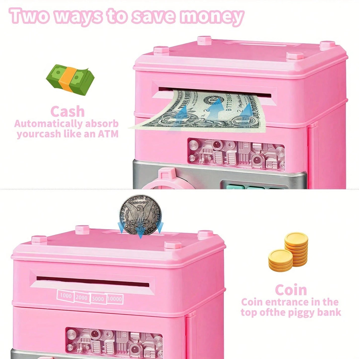 Piggy Bank Cash Coin Can ATM Bank Electronic Coin Money Bank For Kids Age 3-12, Money Savings Box Mini ATM Coin Bank Toys Gifts For 3 4 5 6 7 8 9 10 11 12 Year Old Boys Girls