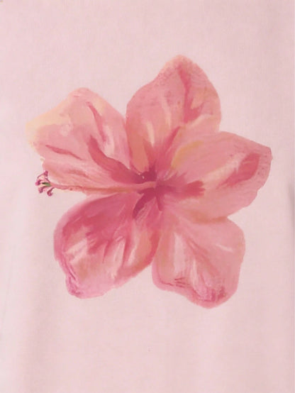 Pink Acid Wash Hibiscus Print Women Loose Crew Neck T-Shirt, Suitable For Summer Beach Vacation Casual