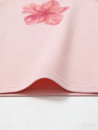 Pink Acid Wash Hibiscus Print Women Loose Crew Neck T-Shirt, Suitable For Summer Beach Vacation Casual