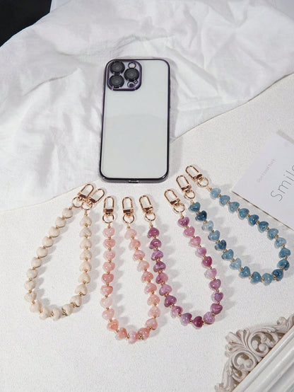 Pink Alloy Heart Element Colorful Heart-Shaped Faux Stone Phone Lanyard, Purple, Pink, Acrylic Bead Phone Strap, Compatible With Bag Charms, Keychains, Camera CCD Decor, Suitable As Holiday Gift Phone