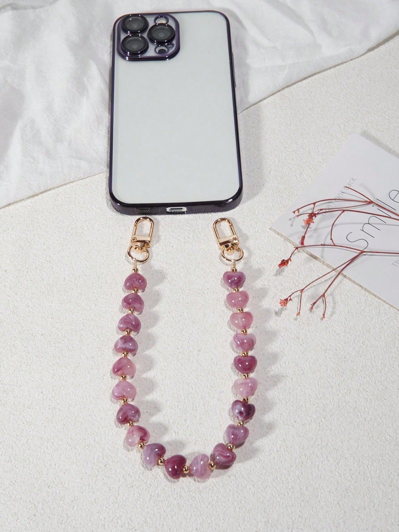 Pink Alloy Heart Element Colorful Heart-Shaped Faux Stone Phone Lanyard, Purple, Pink, Acrylic Bead Phone Strap, Compatible With Bag Charms, Keychains, Camera CCD Decor, Suitable As Holiday Gift Phone