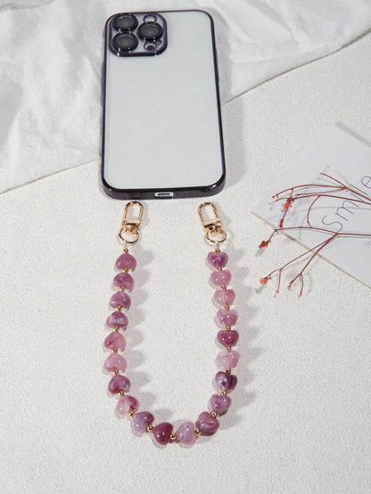 Pink Alloy Heart Element Colorful Heart-Shaped Faux Stone Phone Lanyard, Purple, Pink, Acrylic Bead Phone Strap, Compatible With Bag Charms, Keychains, Camera CCD Decor, Suitable As Holiday Gift Phone