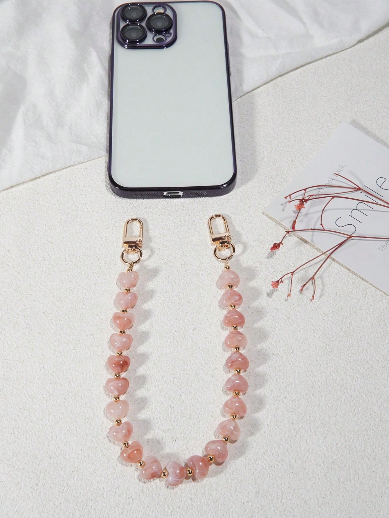 Pink Alloy Heart Element Colorful Heart-Shaped Faux Stone Phone Lanyard, Purple, Pink, Acrylic Bead Phone Strap, Compatible With Bag Charms, Keychains, Camera CCD Decor, Suitable As Holiday Gift Phone
