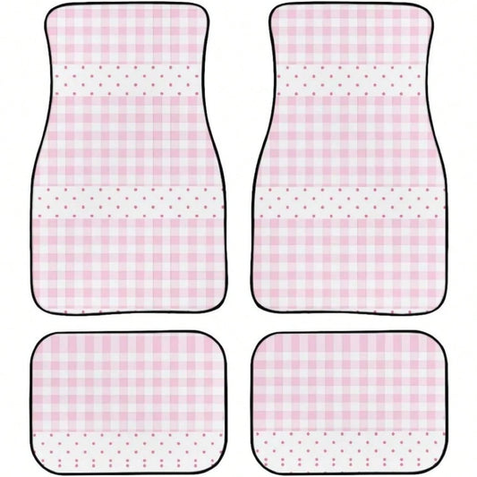 Pink Checkered Polka Dot Car Floor Mat 4-Piece Set- Cute Checkered Pattern Car Carpet Mats, Universal Car Accessories, Suitable For Trucks, Sedans, SUVs (Pink Checkered Version)