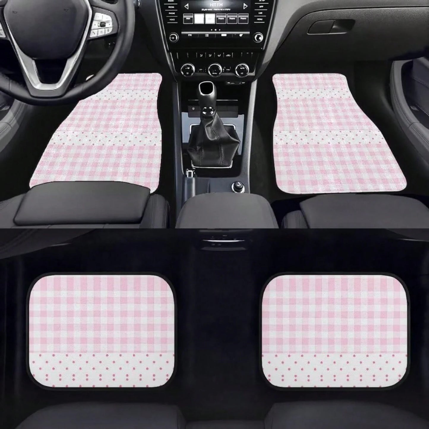 Pink Checkered Polka Dot Car Floor Mat 4-Piece Set- Cute Checkered Pattern Car Carpet Mats, Universal Car Accessories, Suitable For Trucks, Sedans, SUVs (Pink Checkered Version)