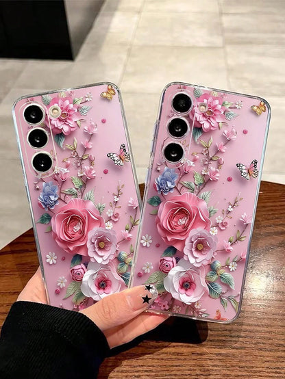 Pink Floral Elements Fashion 1pc Floral Butterfly Transparent Soft Phone Case, Compatible With IPhone 17 Series, Compatible With Honor, Compatible With Redmi, Compatible With Galaxy A04e/12/A13/A14/A3