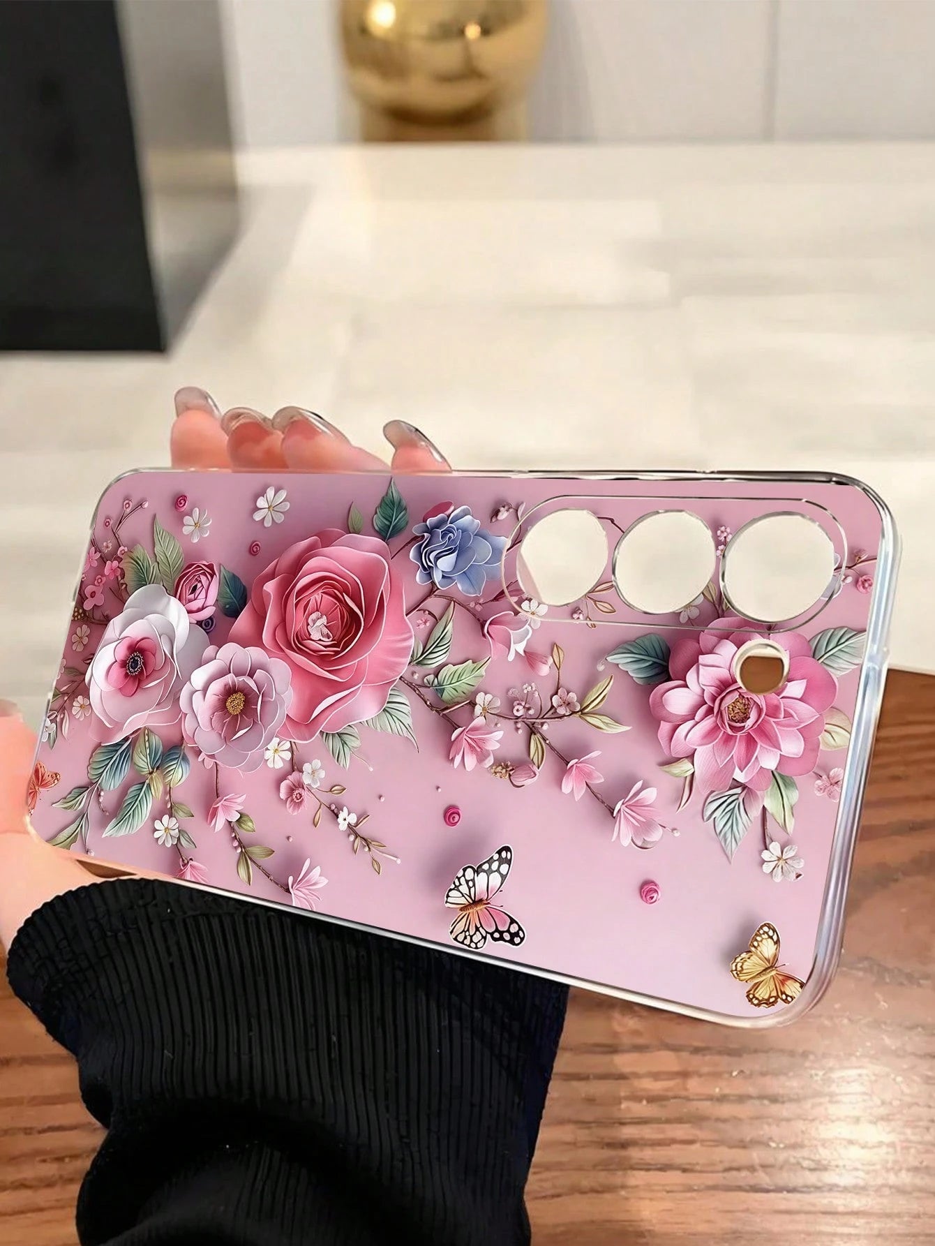 Pink Floral Elements Fashion 1pc Floral Butterfly Transparent Soft Phone Case, Compatible With IPhone 17 Series, Compatible With Honor, Compatible With Redmi, Compatible With Galaxy A04e/12/A13/A14/A3