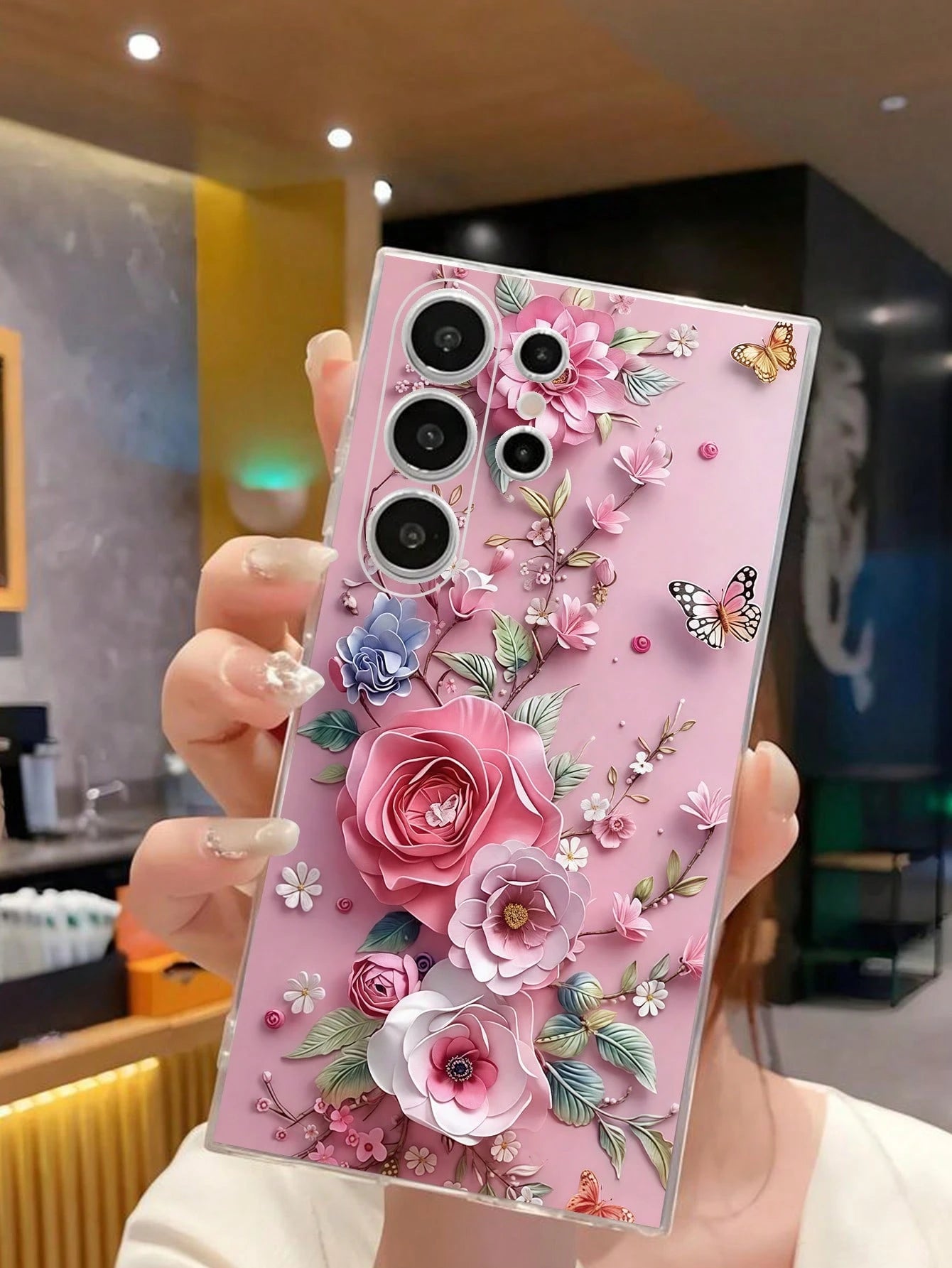 Pink Floral Elements Fashion 1pc Floral Butterfly Transparent Soft Phone Case, Compatible With IPhone 17 Series, Compatible With Honor, Compatible With Redmi, Compatible With Galaxy A04e/12/A13/A14/A3