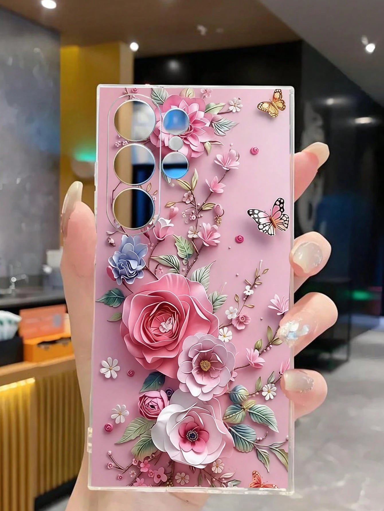 Pink Floral Elements Fashion 1pc Floral Butterfly Transparent Soft Phone Case, Compatible With IPhone 17 Series, Compatible With Honor, Compatible With Redmi, Compatible With Galaxy A04e/12/A13/A14/A3