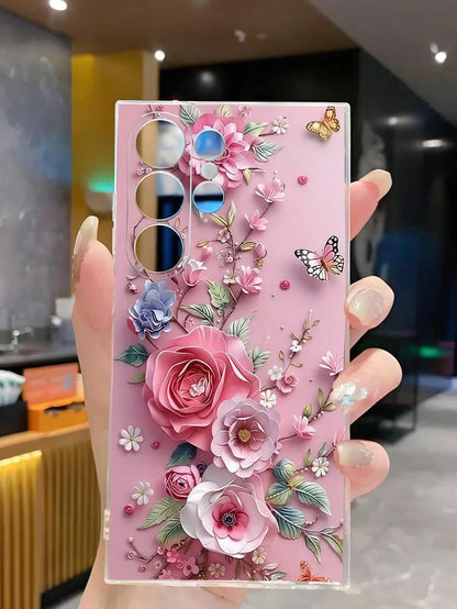 Pink Floral Elements Fashion 1pc Floral Butterfly Transparent Soft Phone Case, Compatible With IPhone 17 Series, Compatible With Honor, Compatible With Redmi, Compatible With Galaxy A04e/12/A13/A14/A3