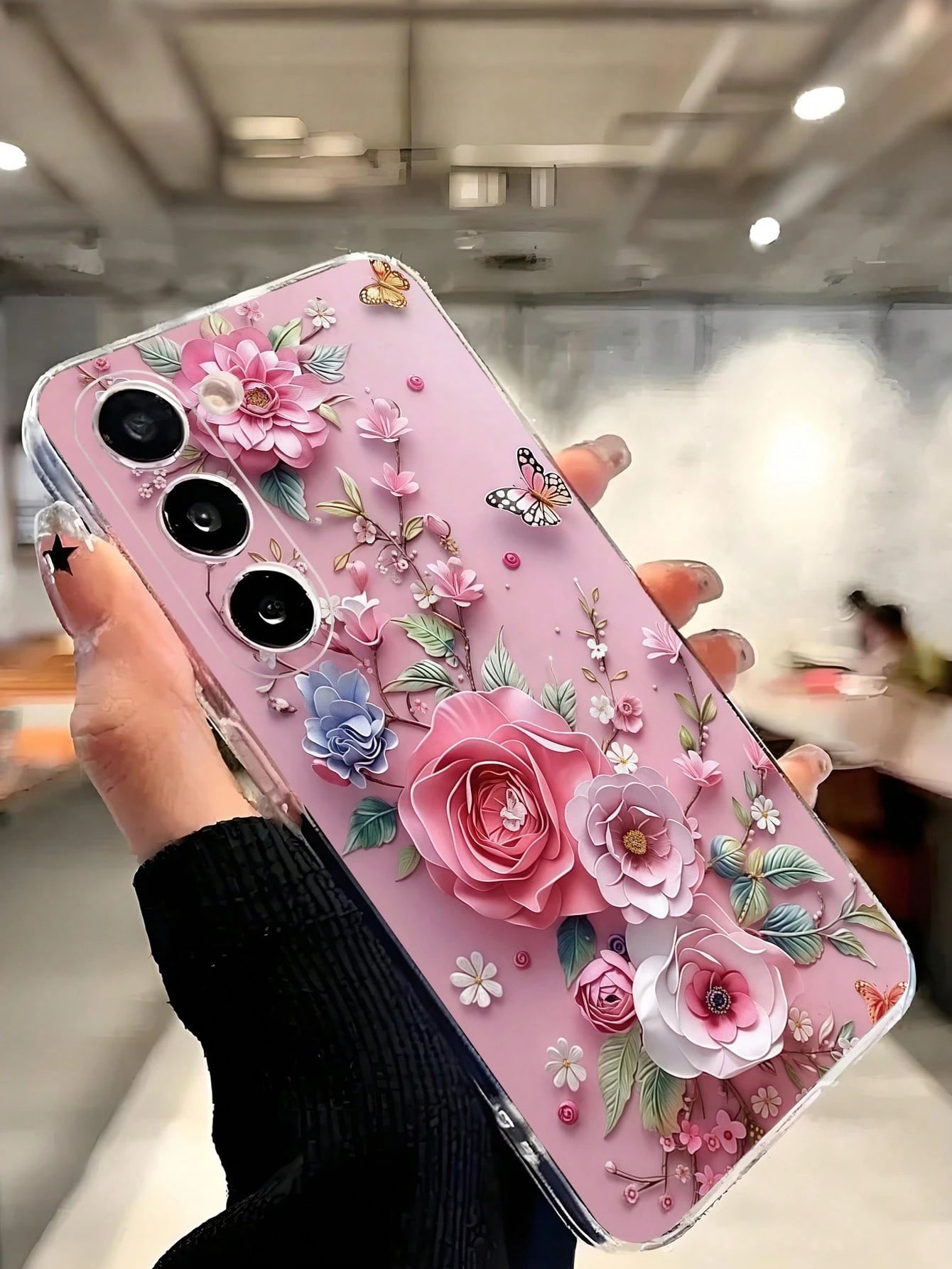 Pink Floral Elements Fashion 1pc Floral Butterfly Transparent Soft Phone Case, Compatible With IPhone 17 Series, Compatible With Honor, Compatible With Redmi, Compatible With Galaxy A04e/12/A13/A14/A3