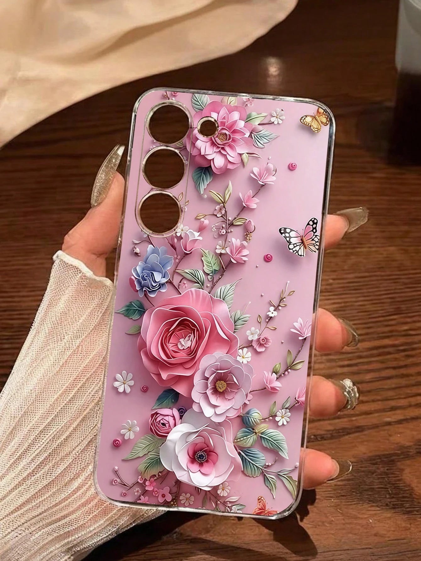 Pink Floral Elements Fashion 1pc Floral Butterfly Transparent Soft Phone Case, Compatible With IPhone 17 Series, Compatible With Honor, Compatible With Redmi, Compatible With Galaxy A04e/12/A13/A14/A3
