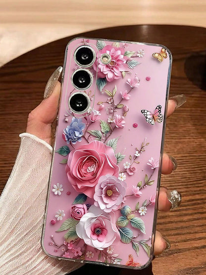 Pink Floral Elements Fashion 1pc Floral Butterfly Transparent Soft Phone Case, Compatible With IPhone 17 Series, Compatible With Honor, Compatible With Redmi, Compatible With Galaxy A04e/12/A13/A14/A3