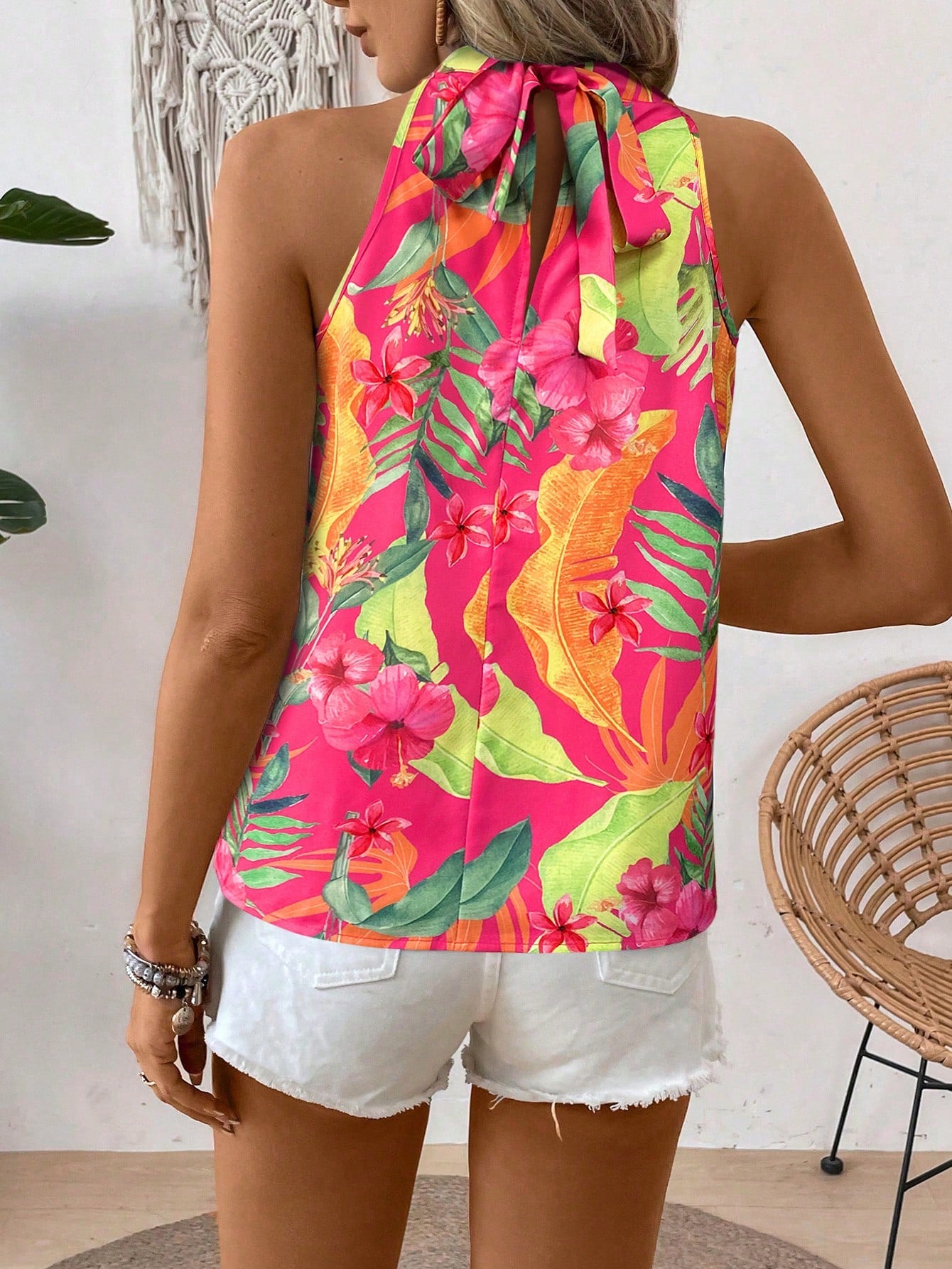 Pink Floral Leaf Print Halter Sleeveless Shirt,Boho Summer Beach Holiday,Fresh Plant Pattern Sleeveless Cut Breathable Casual Versatile Style Top