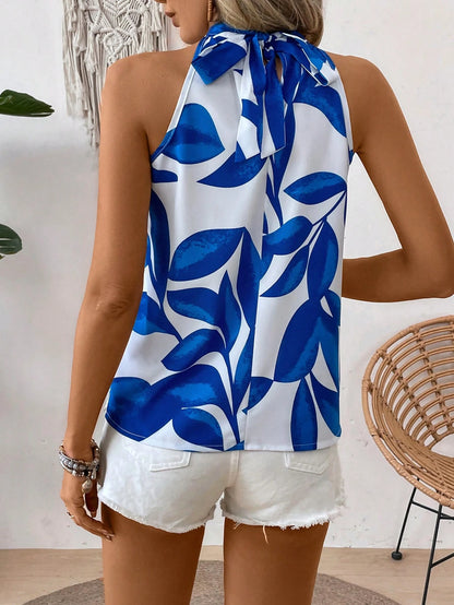 Pink Floral Leaf Print Halter Sleeveless Shirt,Boho Summer Beach Holiday,Fresh Plant Pattern Sleeveless Cut Breathable Casual Versatile Style Top