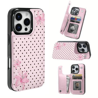 Pink Lilies And Polka Dot Background Textured Leather Phone Case With SIM Card Slot – Compatible With IPhone 17 Pro Max/Air/16/15/14/13/12/11 Series And S22/S23/S24/25 Series. An Ideal Gift Choice Fo