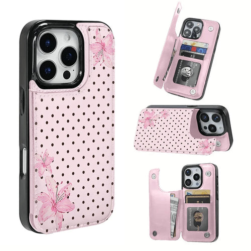 Pink Lilies And Polka Dot Background Textured Leather Phone Case With SIM Card Slot – Compatible With IPhone 17 Pro Max/Air/16/15/14/13/12/11 Series And S22/S23/S24/25 Series. An Ideal Gift Choice Fo
