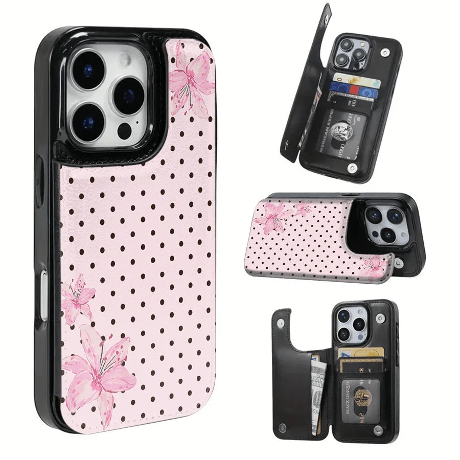 Pink Lilies And Polka Dot Background Textured Leather Phone Case With SIM Card Slot – Compatible With IPhone 17 Pro Max/Air/16/15/14/13/12/11 Series And S22/S23/S24/25 Series. An Ideal Gift Choice Fo