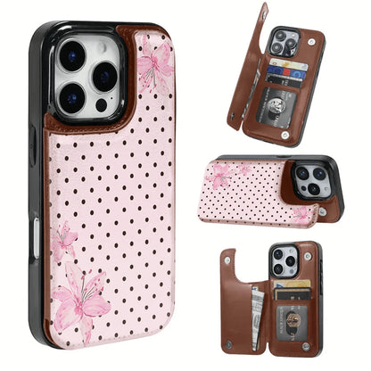 Pink Lilies And Polka Dot Background Textured Leather Phone Case With SIM Card Slot – Compatible With IPhone 17 Pro Max/Air/16/15/14/13/12/11 Series And S22/S23/S24/25 Series. An Ideal Gift Choice Fo