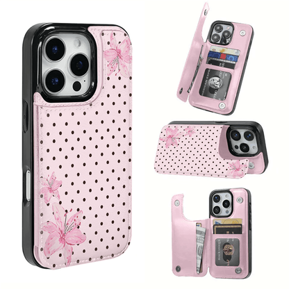 Pink Lilies And Polka Dot Background Textured Leather Phone Case With SIM Card Slot – Compatible With IPhone 17 Pro Max/Air/16/15/14/13/12/11 Series And S22/S23/S24/25 Series. An Ideal Gift Choice Fo