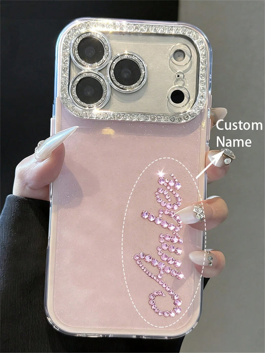 Pink Sparkly Rhinestone Glitter Personalized Letters Name Pattern Phone Case Compatible With 17 Pro Max 17 16 15 14 13 12 Pro Max 14 15 16 Plus Shockproof Protective Cover Aesthetic Mom Birthday Gift