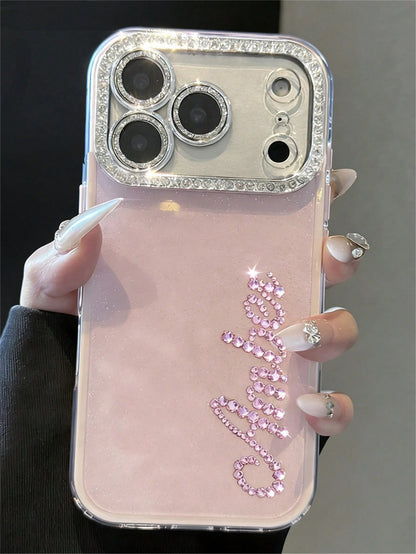 Pink Sparkly Rhinestone Glitter Personalized Letters Name Pattern Phone Case Compatible With 17 Pro Max 17 16 15 14 13 12 Pro Max 14 15 16 Plus Shockproof Protective Cover Aesthetic Mom Birthday Gift