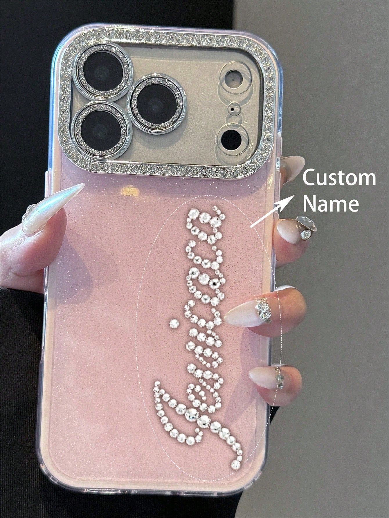 Pink Sparkly Rhinestone Glitter Personalized Letters Name Pattern Phone Case Compatible With 17 Pro Max 17 16 15 14 13 12 Pro Max 14 15 16 Plus Shockproof Protective Cover Aesthetic Mom Birthday Gift