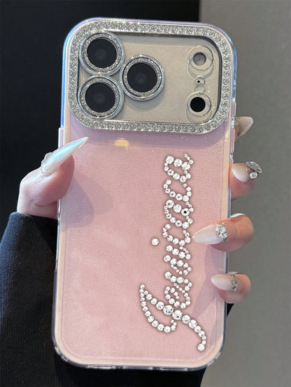 Pink Sparkly Rhinestone Glitter Personalized Letters Name Pattern Phone Case Compatible With 17 Pro Max 17 16 15 14 13 12 Pro Max 14 15 16 Plus Shockproof Protective Cover Aesthetic Mom Birthday Gift