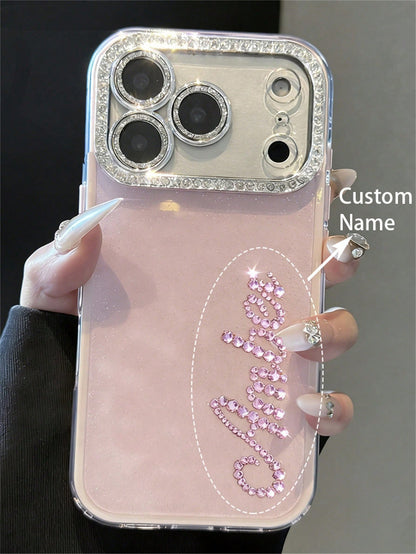 Pink Sparkly Rhinestone Glitter Personalized Letters Name Pattern Phone Case Compatible With 17 Pro Max 17 16 15 14 13 12 Pro Max 14 15 16 Plus Shockproof Protective Cover Aesthetic Mom Birthday Gift
