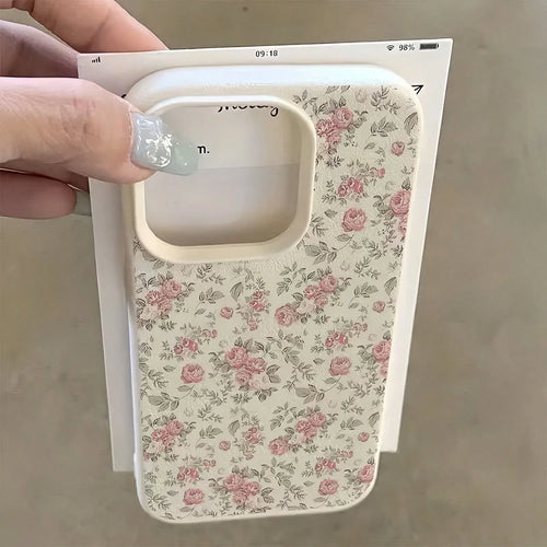Pink White Minimalist Leather Floral Element Fashion 1pc Leather Texture Personalized Full Screen Rose Pattern Floral Branch Phone Case, Compatible With Iphone 16 Pro Max, 17/16/15/14 Plus, 13/12/11
