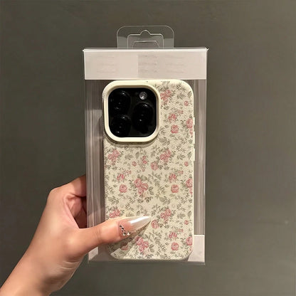 Pink White Minimalist Leather Floral Element Fashion 1pc Leather Texture Personalized Full Screen Rose Pattern Floral Branch Phone Case, Compatible With Iphone 16 Pro Max, 17/16/15/14 Plus, 13/12/11