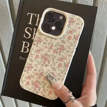 Pink White Minimalist Leather Floral Element Fashion 1pc Leather Texture Personalized Full Screen Rose Pattern Floral Branch Phone Case, Compatible With Iphone 16 Pro Max, 17/16/15/14 Plus, 13/12/11