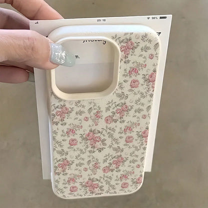 Pink White Minimalist Leather Floral Element Fashion 1pc Leather Texture Personalized Full Screen Rose Pattern Floral Branch Phone Case, Compatible With Iphone 16 Pro Max, 17/16/15/14 Plus, 13/12/11