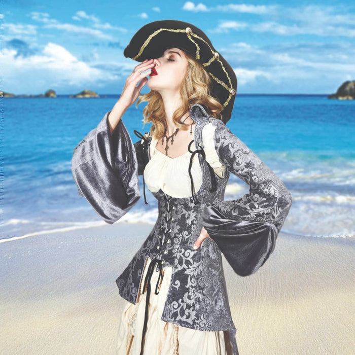 Pirate Mistress Long Corset with Zip On Sleeves over Chemise