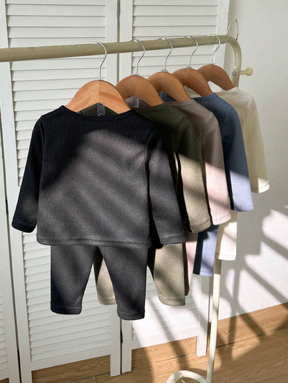 Playful Pals 10pcs/Set Baby Boys Solid Color Casual Top & Pants Set, Spring/Autumn Long Sleeve Outfit