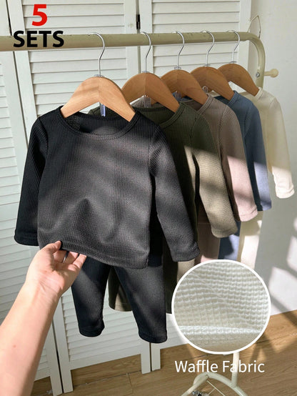 Playful Pals 10pcs/Set Baby Boys Solid Color Casual Top & Pants Set, Spring/Autumn Long Sleeve Outfit