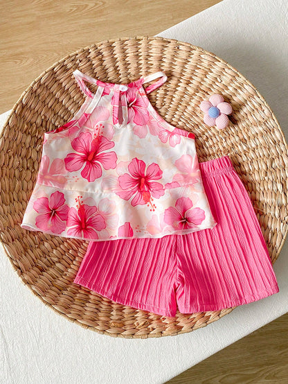 Playful Pals 2pcs Baby Girl Toddler/Newborn 0-3Y Spring/Summer Dopamine Cute Casual Pink Hot Pink Vacation Sleeveless Top + Shorts Set Infant Outfit Party Beach