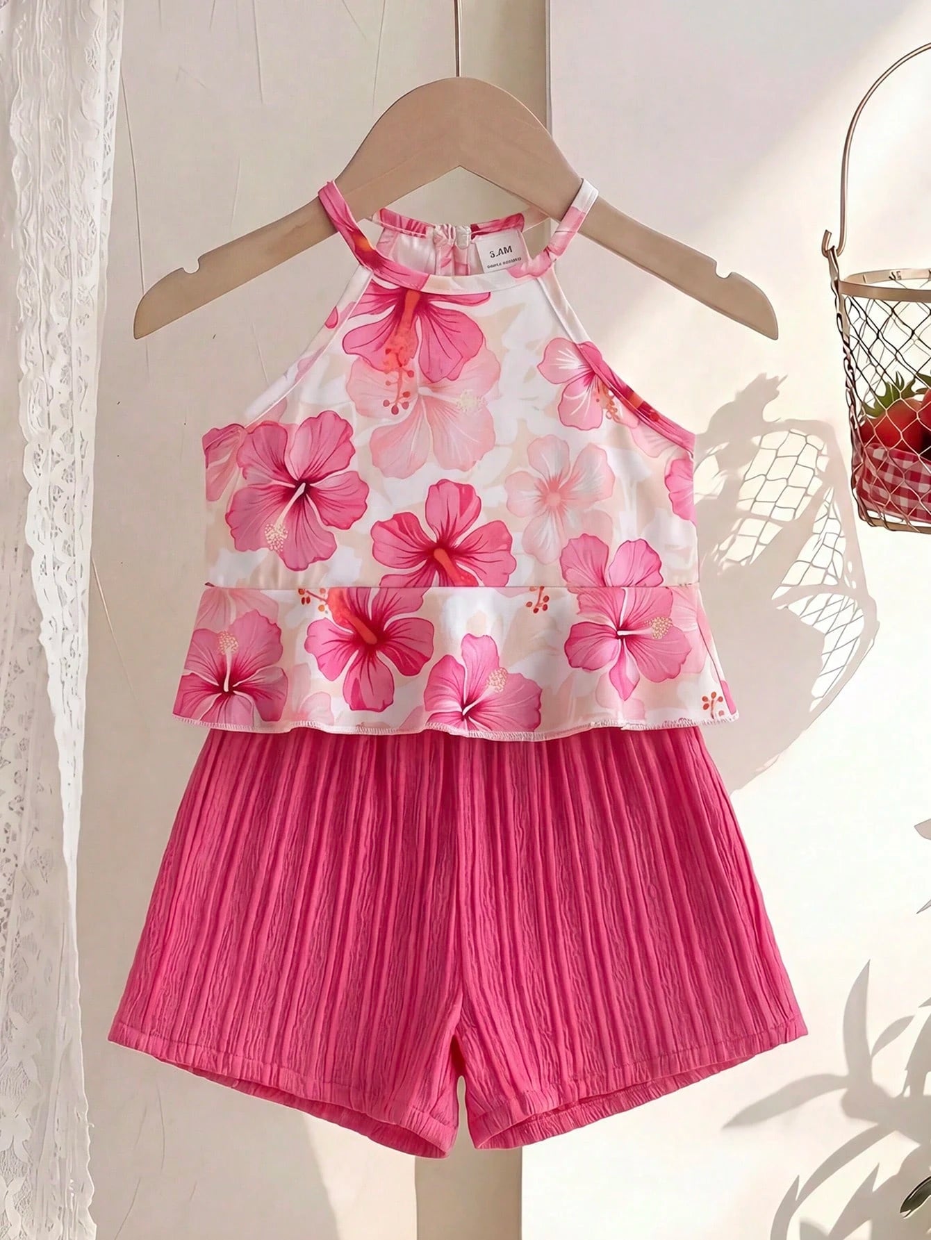 Playful Pals 2pcs Baby Girl Toddler/Newborn 0-3Y Spring/Summer Dopamine Cute Casual Pink Hot Pink Vacation Sleeveless Top + Shorts Set Infant Outfit Party Beach