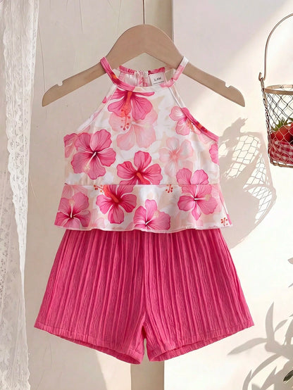 Playful Pals 2pcs Baby Girl Toddler/Newborn 0-3Y Spring/Summer Dopamine Cute Casual Pink Hot Pink Vacation Sleeveless Top + Shorts Set Infant Outfit Party Beach