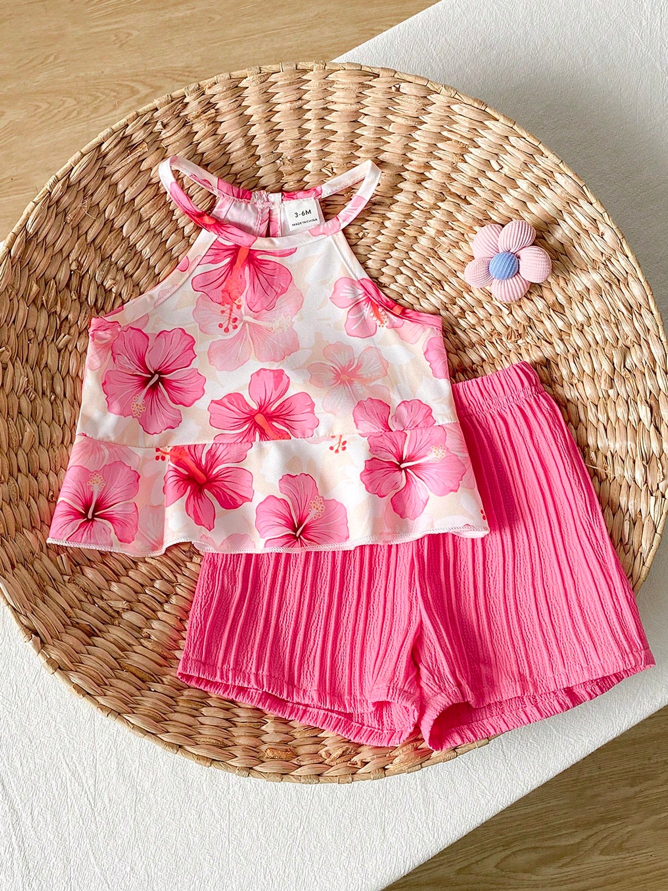 Playful Pals 2pcs Baby Girl Toddler/Newborn 0-3Y Spring/Summer Dopamine Cute Casual Pink Hot Pink Vacation Sleeveless Top + Shorts Set Infant Outfit Party Beach