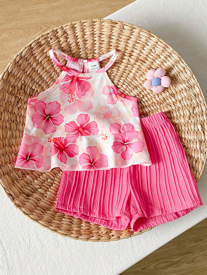 Playful Pals 2pcs Baby Girl Toddler/Newborn 0-3Y Spring/Summer Dopamine Cute Casual Pink Hot Pink Vacation Sleeveless Top + Shorts Set Infant Outfit Party Beach