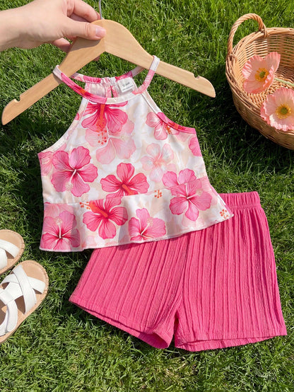 Playful Pals 2pcs Baby Girl Toddler/Newborn 0-3Y Spring/Summer Dopamine Cute Casual Pink Hot Pink Vacation Sleeveless Top + Shorts Set Infant Outfit Party Beach