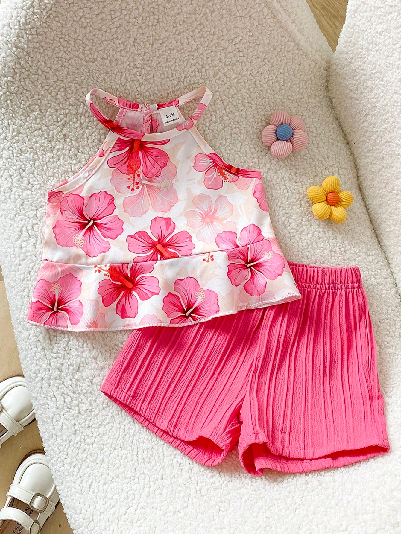 Playful Pals 2pcs Baby Girl Toddler/Newborn 0-3Y Spring/Summer Dopamine Cute Casual Pink Hot Pink Vacation Sleeveless Top + Shorts Set Infant Outfit Party Beach