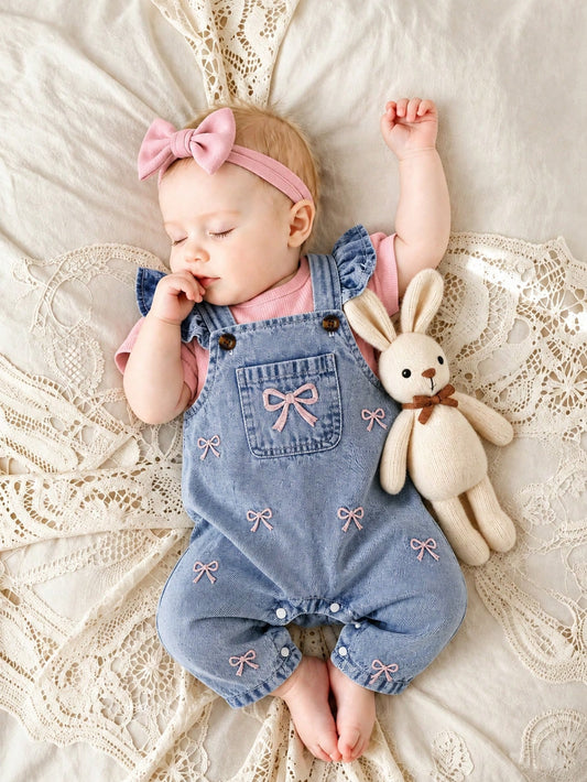 Playful Pals 2pcs Baby Girls' Cute Strawberry Embroidered Bib Pants Soft Cotton Blue Summer Family Matching