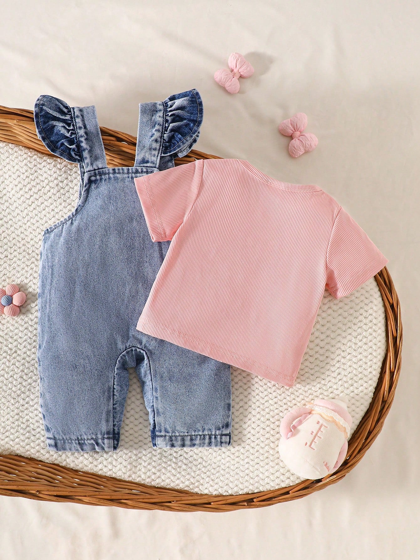Playful Pals 2pcs Baby Girls' Cute Strawberry Embroidered Bib Pants Soft Cotton Blue Summer Family Matching
