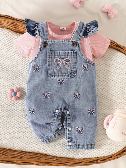 Playful Pals 2pcs Baby Girls' Cute Strawberry Embroidered Bib Pants Soft Cotton Blue Summer Family Matching