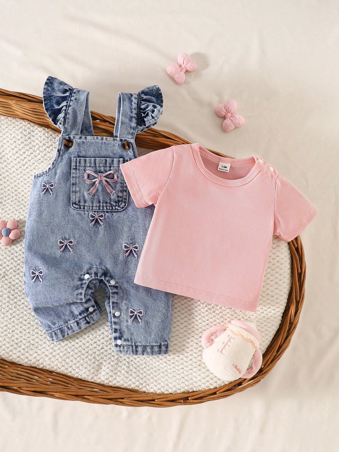 Playful Pals 2pcs Baby Girls' Cute Strawberry Embroidered Bib Pants Soft Cotton Blue Summer Family Matching